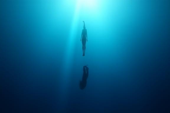 Freediver ascending in clear water