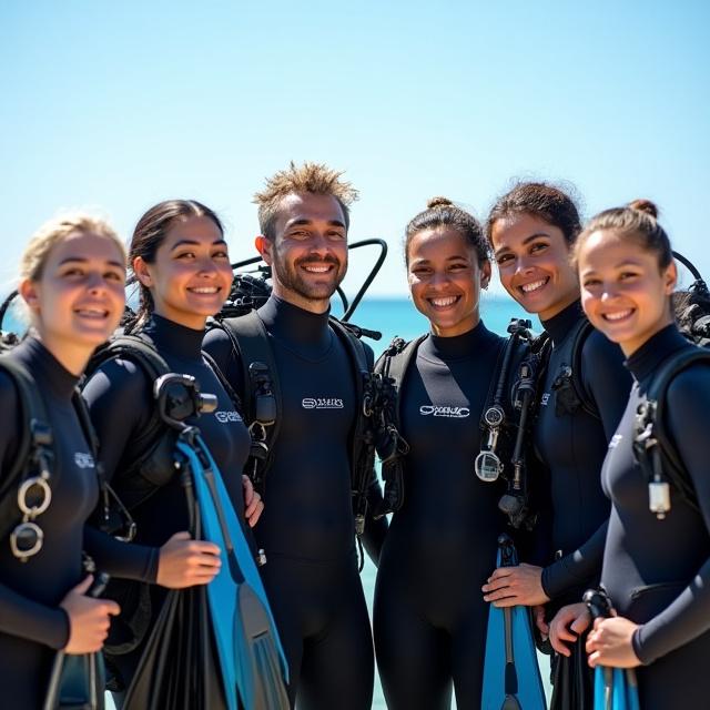 Group of happy divers preparing their gear in London