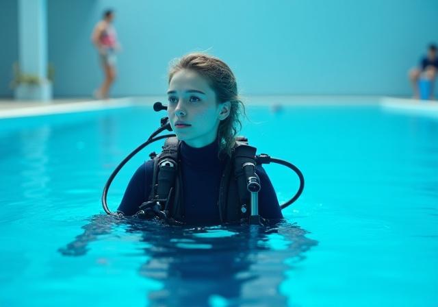 Scuba diving student practicing skills in a pool