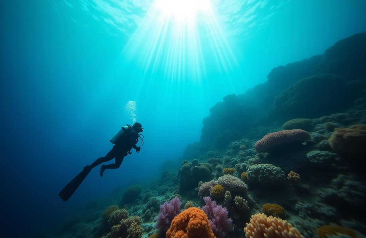 A scuba diver exploring vibrant coral reefs in crystal clear water